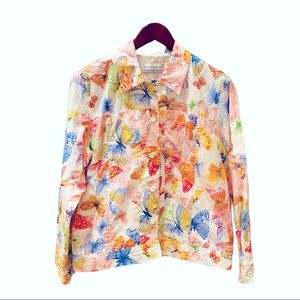 Retro Alfred Dunner Floral Butterfly Eyelet Lightweight Jacket White Pink 8 P